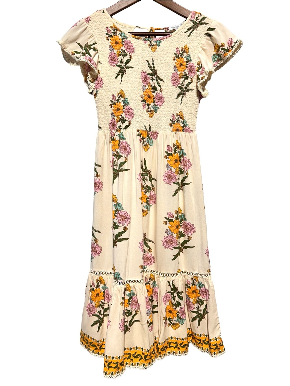 PATRONS OF PEACE Smocked Floral Cottagecore Boho Prairie Midi Dress S